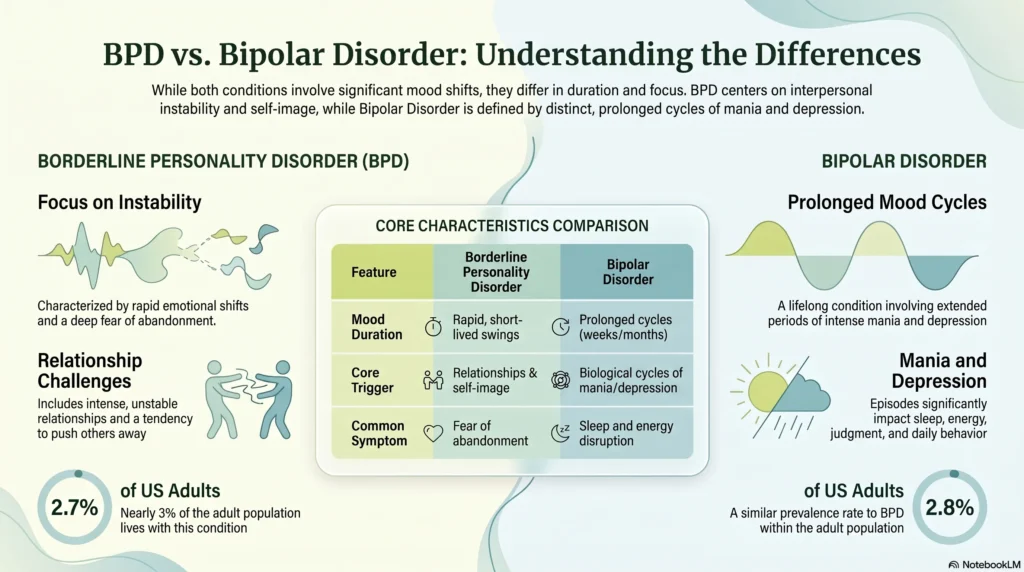 Infographic on BPD vs bipolar disorder key differences: BPD is rooted in relationships with a 77% recovery rate and is treated with DBT/CBT for emotional regulation, while bipolar disorder is a lifelong condition managed with mood stabilizers and psychotherapy.
