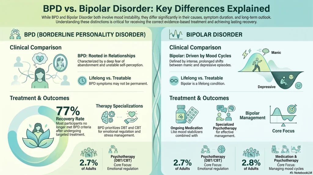 Infographic comparing BPD vs bipolar disorder: BPD centers on relationship instability and fear of abandonment with rapid mood swings, while bipolar disorder involves prolonged cycles of mania and depression; BPD affects 2.7% and bipolar 2.8% of US adults.