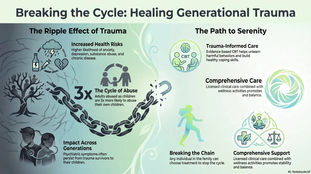 Infographic on breaking the cycle and healing generational trauma. The ripple effect of trauma includes increased health risks such as anxiety, depression, substance abuse, and chronic disease; a cycle of abuse in which adults abused as children are three times more likely to abuse their own children; and psychiatric symptoms persisting across generations. The path to serenity includes trauma-informed evidence-based CBT to unlearn harmful behaviors, comprehensive licensed clinical care with wellness activities, and the message that any individual can choose treatment to break the chain.