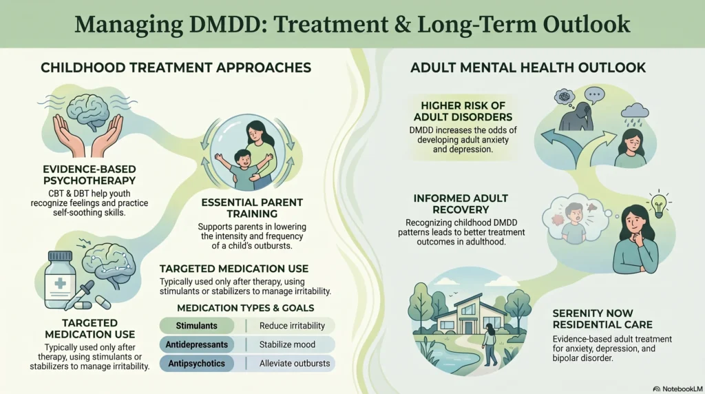 Infographic on managing DMDD: childhood treatment approaches include evidence-based psychotherapy (CBT and DBT), essential parent training, and targeted medication use with stimulants to reduce irritability, antidepressants to stabilize mood, and antipsychotics to alleviate outbursts. Adult outlook shows DMDD raises the risk of adult anxiety and depression, and that recognizing childhood patterns leads to better recovery, including residential care at Serenity Now.