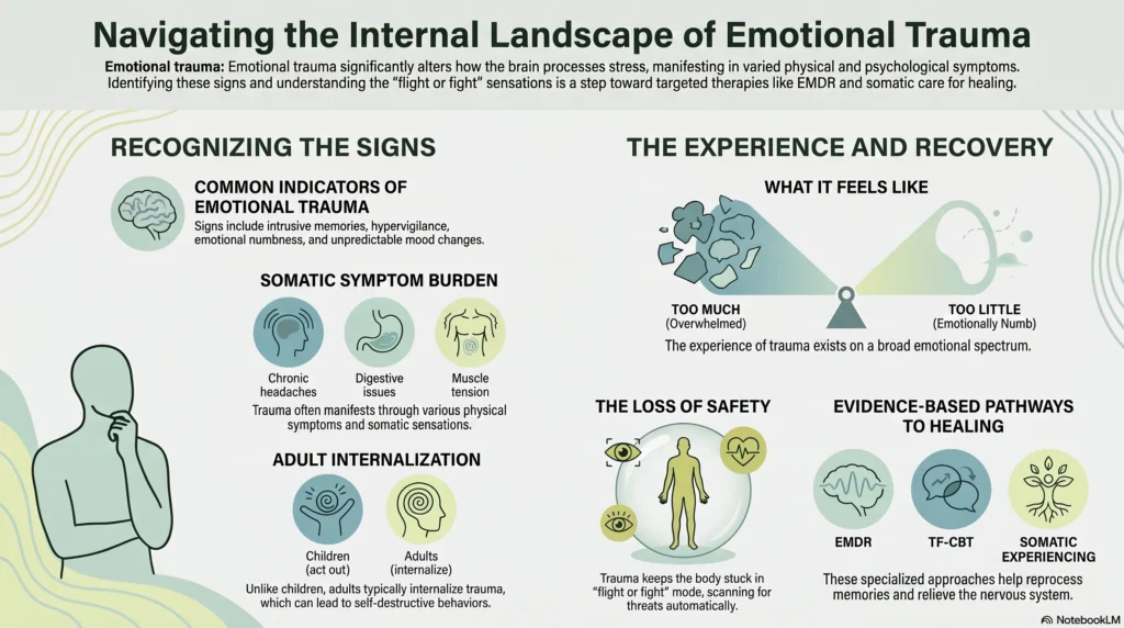 Infographic on recognizing and recovering from emotional trauma: common signs include intrusive memories, hypervigilance, and emotional numbness, plus somatic symptoms like chronic headaches, digestive issues, and muscle tension. Shows how trauma keeps the body in fight-or-flight mode and highlights evidence-based healing pathways EMDR, TF-CBT, and somatic experiencing.