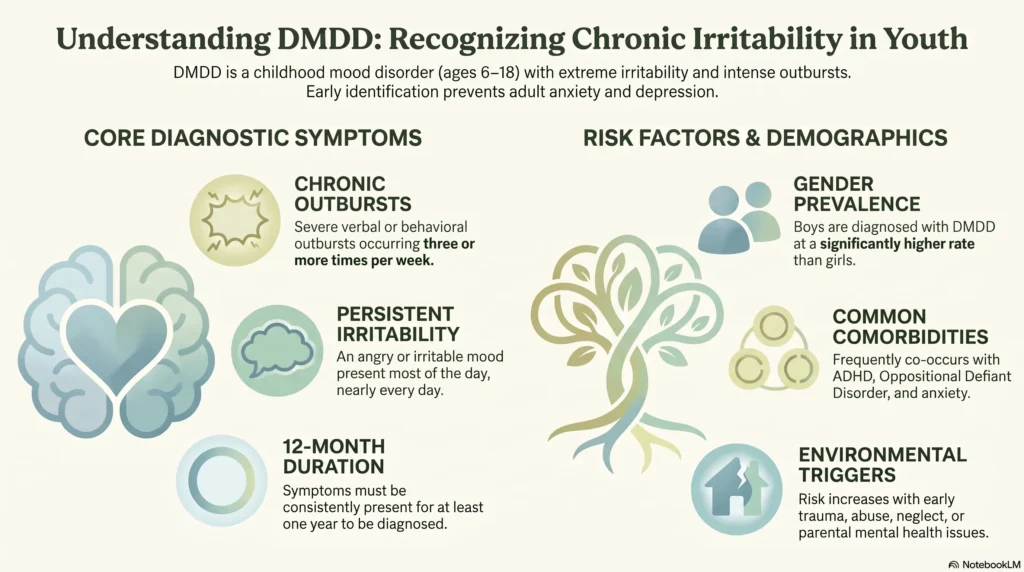 Infographic explaining DMDD as a childhood mood disorder in youth ages 6 to 18. Core diagnostic symptoms are chronic outbursts three or more times per week, persistent irritability most of the day nearly every day, and a required 12-month duration. Risk factors and demographics show boys are diagnosed at a higher rate than girls, frequent comorbidity with ADHD, Oppositional Defiant Disorder, and anxiety, and environmental triggers such as early trauma, abuse, neglect, or parental mental health issues.