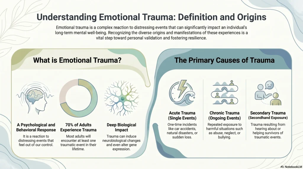 Infographic explaining emotional trauma: a psychological and behavioral response to distressing events that 70% of US adults experience, with deep biological impact including altered gene expression. Primary causes shown as acute trauma (single events), chronic trauma (ongoing events), and secondary trauma (secondhand exposure).