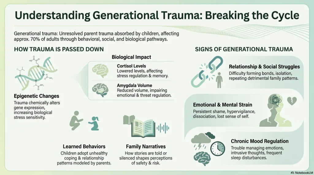 Infographic on understanding generational trauma and breaking the cycle: unresolved parent trauma is absorbed by children through behavioral, social, and biological pathways. How trauma is passed down includes epigenetic changes that increase biological stress sensitivity, lowered cortisol levels affecting stress regulation and memory, reduced amygdala volume impairing emotional and threat regulation, learned behaviors, and family narratives. Signs include relationship and social struggles, persistent shame, hypervigilance and dissociation, and chronic mood regulation problems.
